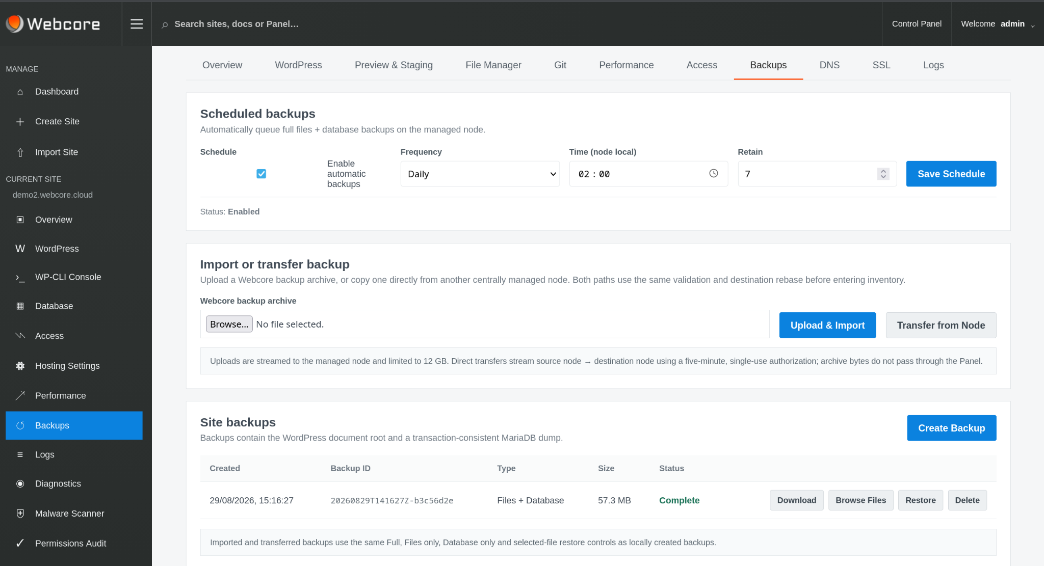 Webcore Panel backup and recovery controls