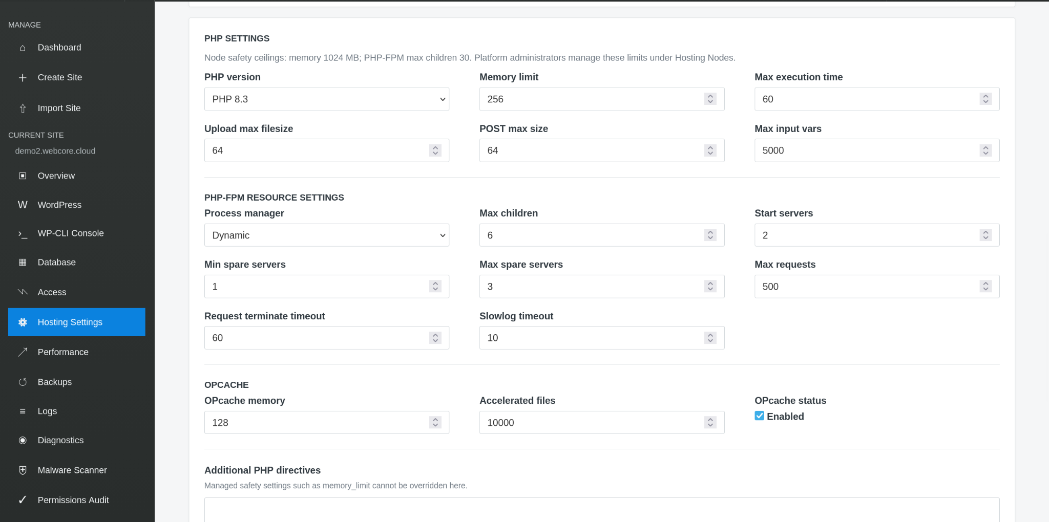 Webcore Panel Hosting Settings