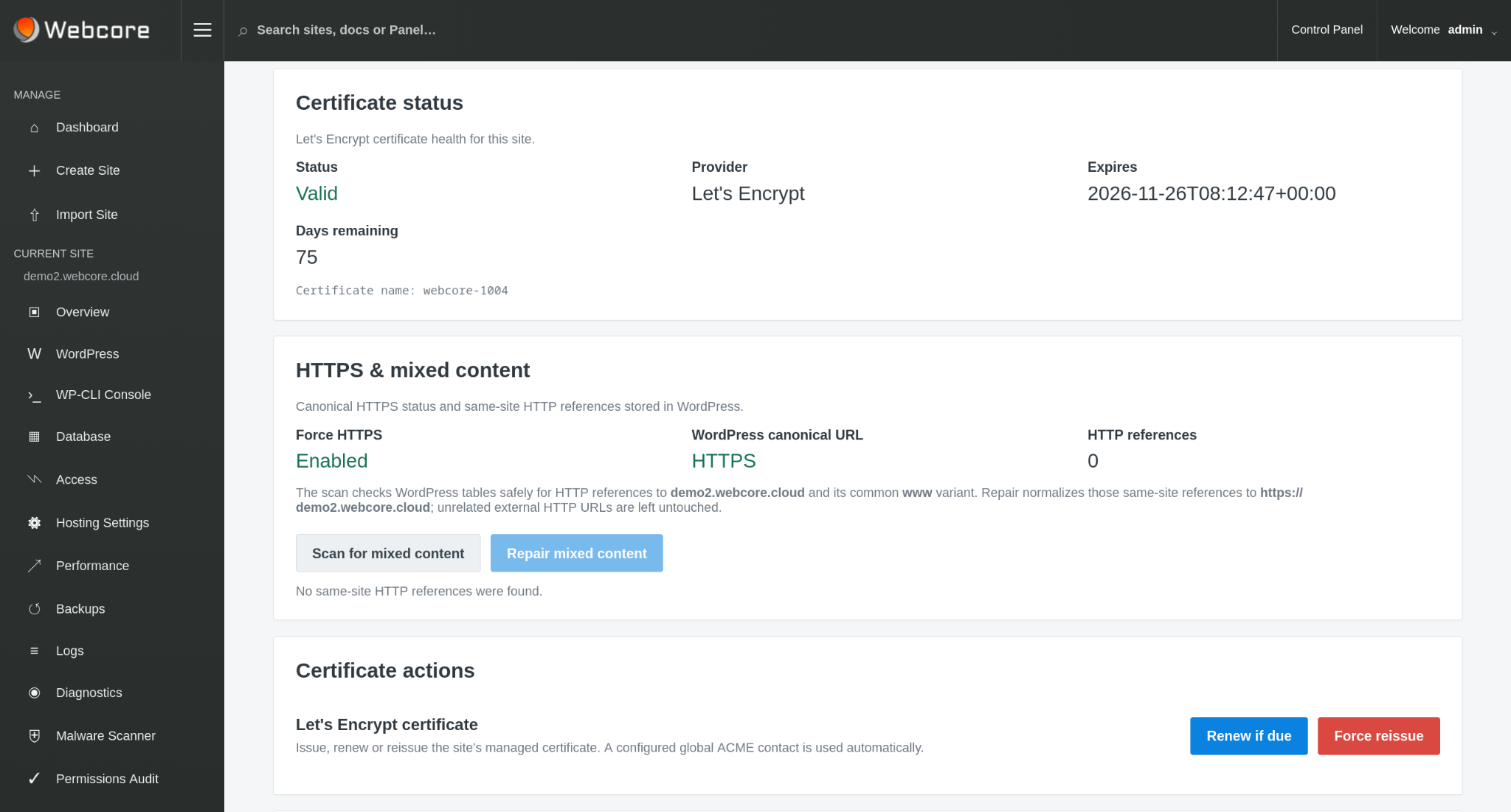 Webcore Panel SSL and DNS state